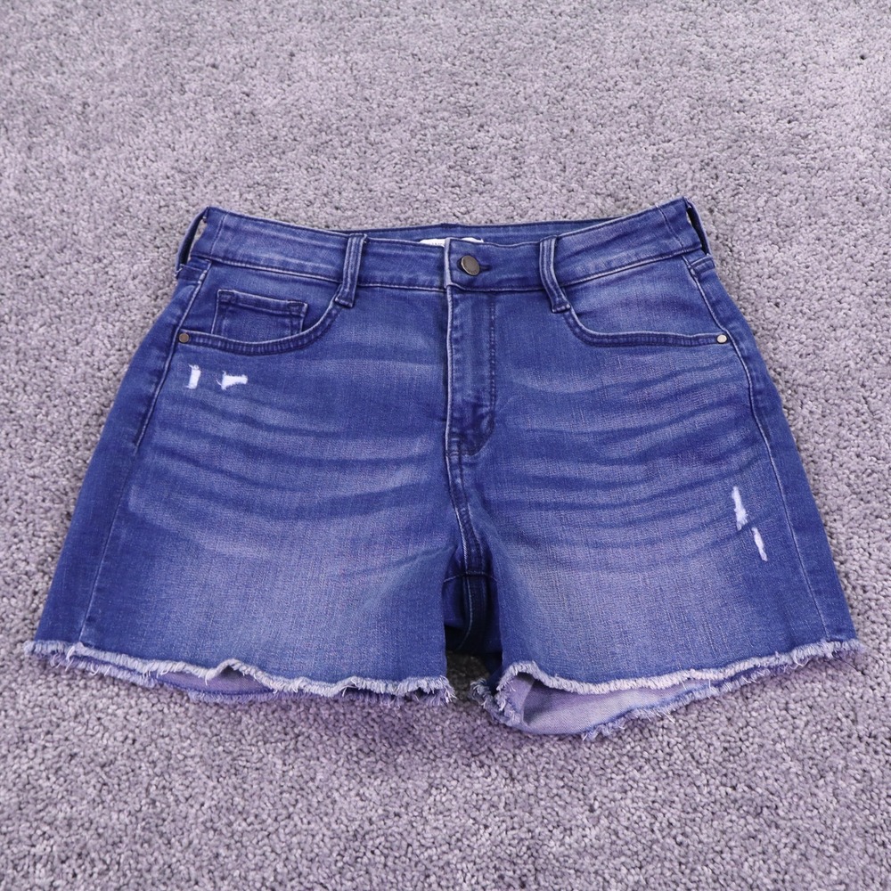 Nine West Jean Shorts Womens 8 Blue Distressed Raw Hem Stretch Denim Casual